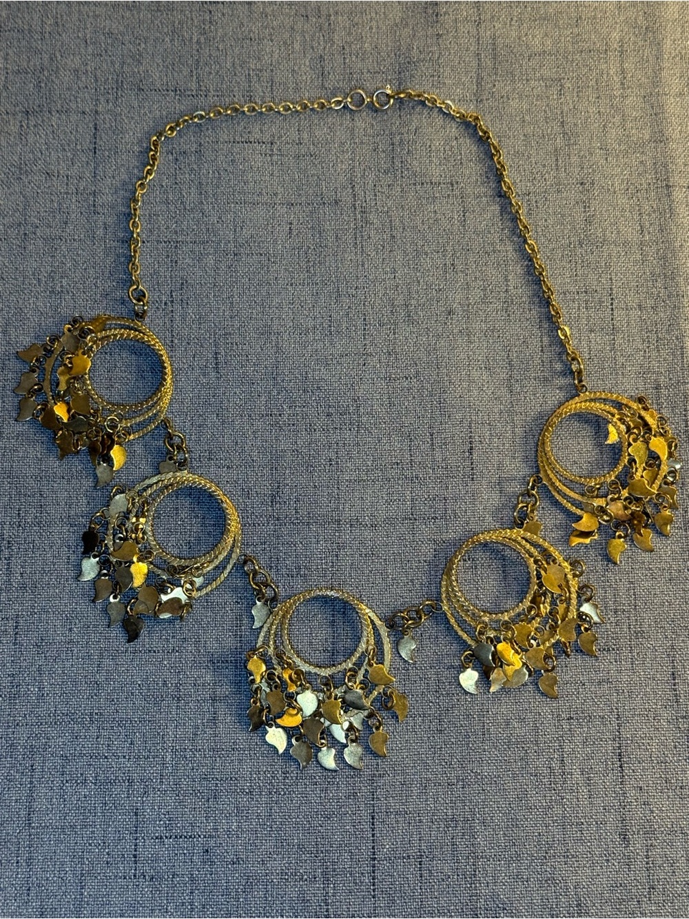 Vintage 1960s Gold Tone Boho Bib Necklace, Textured Circles & Leaf Fringe Charms - Picture 4 of 11